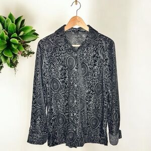 Women’s Black Velvet Burn Out Long Sleeve Button Up Top size M